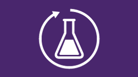 an icon of a beaker with a circle around it on a purple background .