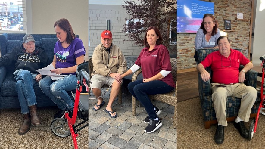 A three-panel photo array features Dyana Parks from Veterans Guest House visiting with senior citizens.