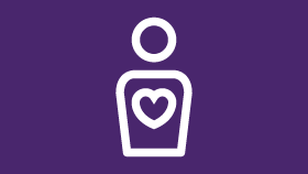 a white icon with a heart in the middle on a purple background .