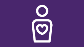 a white icon with a heart in the middle on a purple background .