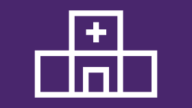 a white hospital icon on a purple background .