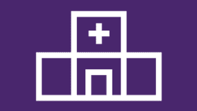 a white hospital icon on a purple background .