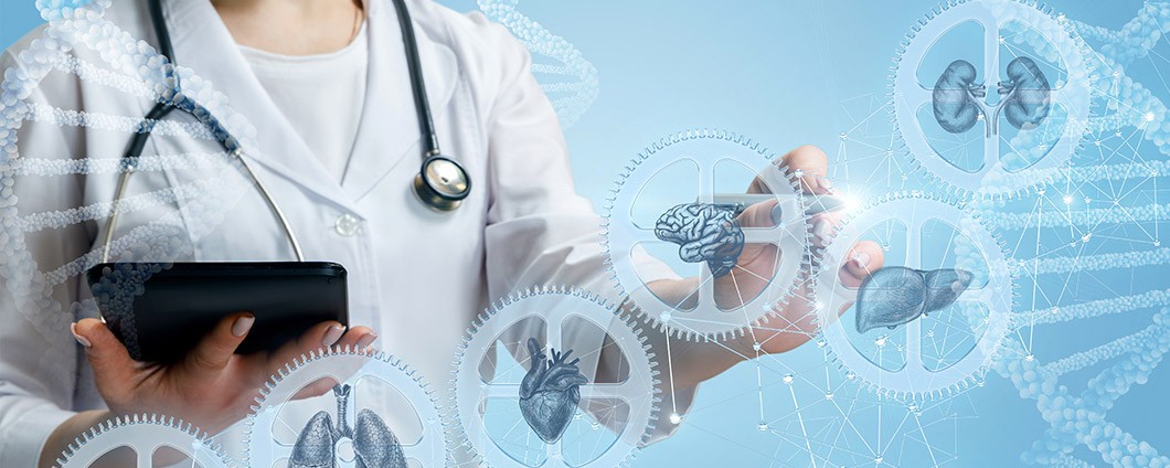 The doctor works with a complicated mechanism of human health on a blue background