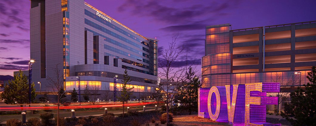 Building shot of Renown Regional with LOVE sign in foreground