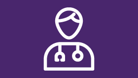 a white icon of a person with a stethoscope around their neck on a purple background .