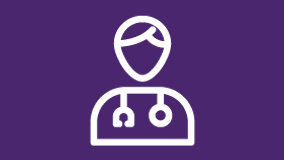 a white icon of a person with a stethoscope around their neck on a purple background .