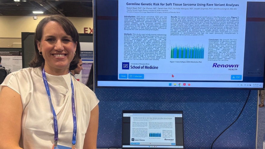 Dr. Alicia Gingrich in front of computer screen showing her research