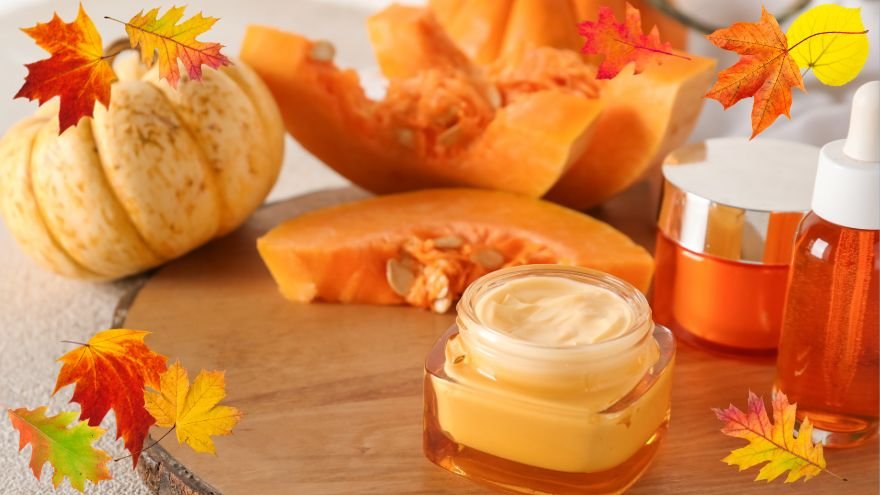 Pumpkin facial peel ingredients in an autumn setting
