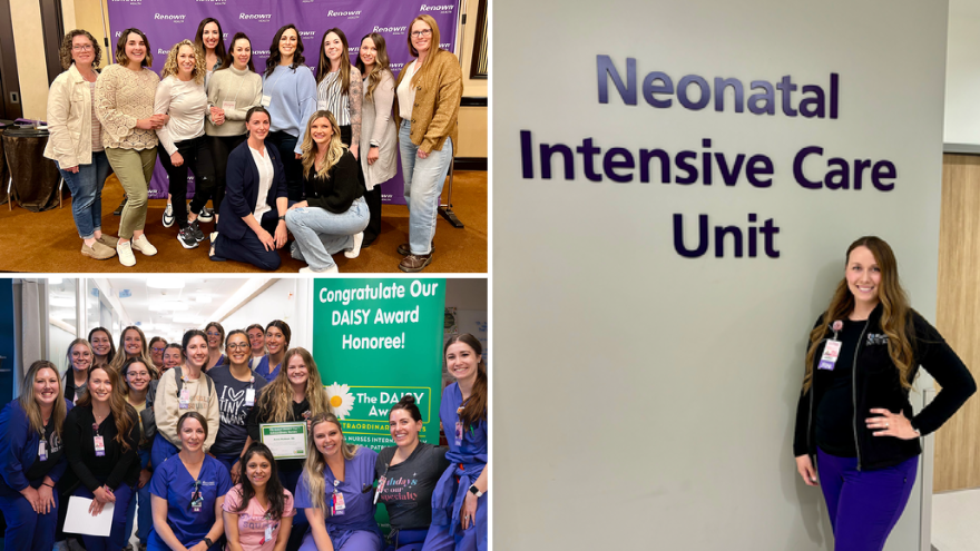 Women stands in front of Neonatal Intensive Care Unit Sign. Team photos of NICU staff at Renown.