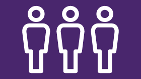 a group of people standing next to each other on a purple background .