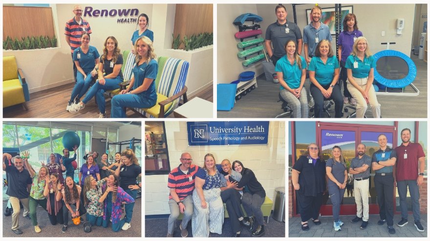 The five outpatient rehab therapy teams at Renown Health and University Health pose for group photos.