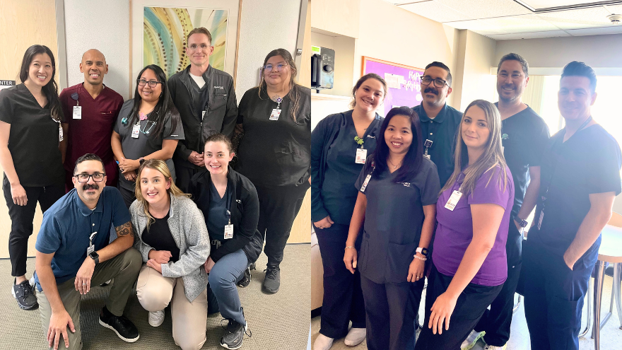 Two photos of the Physiatry team at Renown pose for photos.