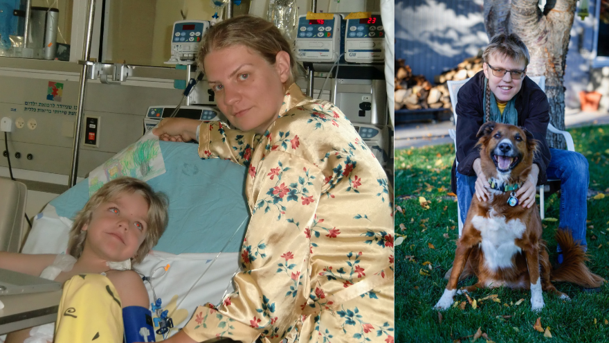 Kirill and his mother, Masha, pose for a photo after the kidney transplant, and Kirill poses for a photo with his dog.