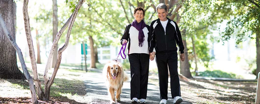 couple walking dog