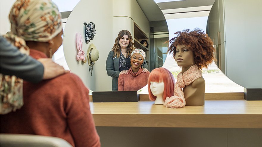 Patient being fitted for a wig post-chemotherapy