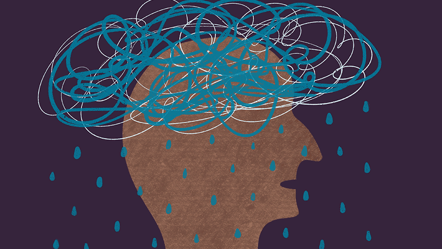 Abstract illustration of a person with tangled blue lines above the head resembling a storm cloud