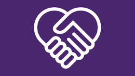 a handshake in the shape of a heart on a purple background