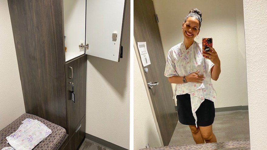 Melissa in mammogram hospital gown