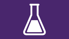 a white beaker with a liquid in it is on a purple background .