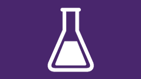 a white beaker with a liquid in it is on a purple background .
