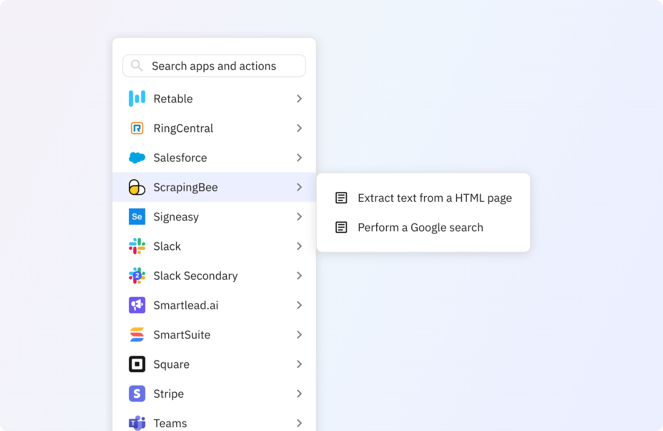 Use any of these ScrapingBee actions in your Relay.app workflows.