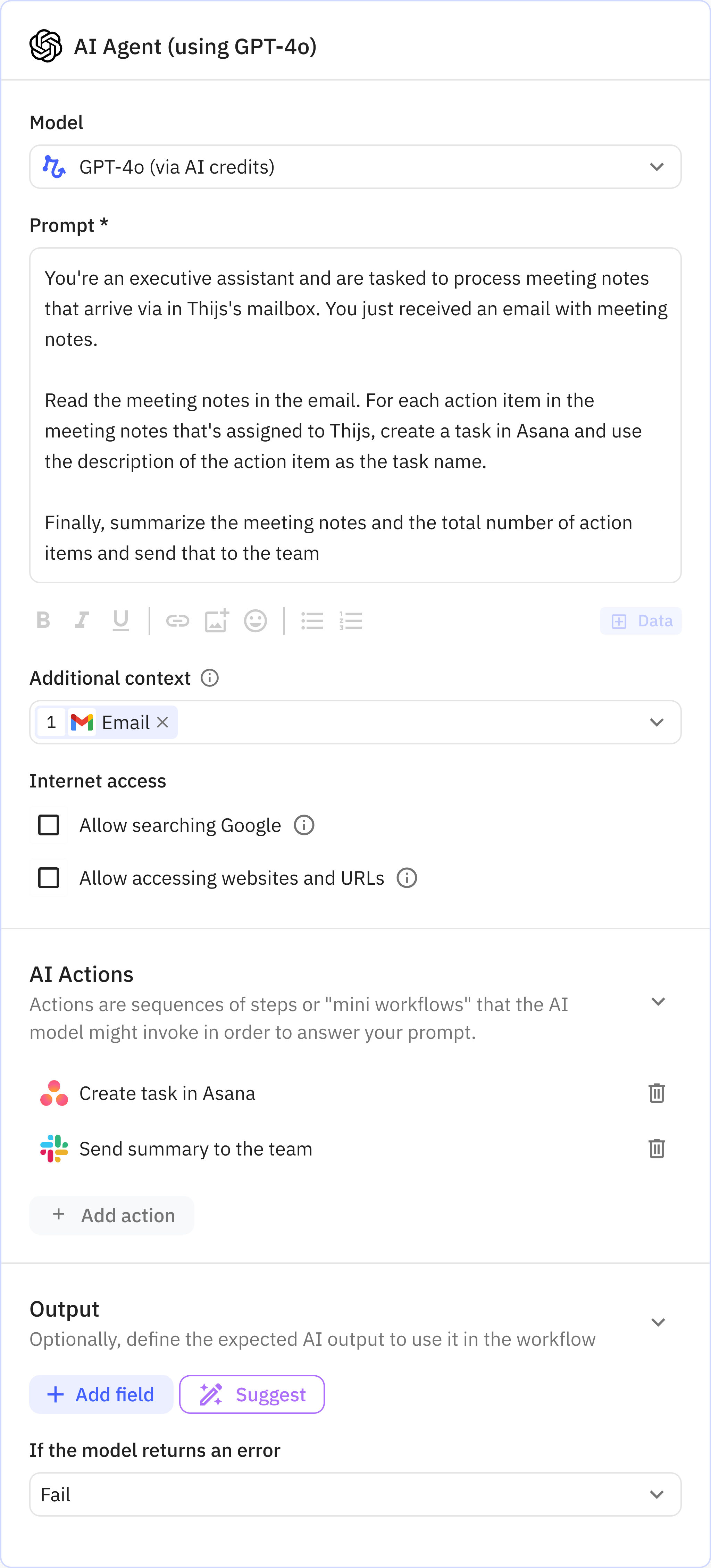 Relay.app screenshot of: AI Agent (using GPT-4o)