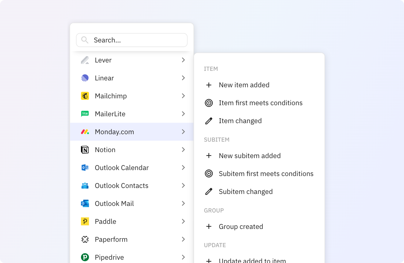Use Relay.app's Monday.com integrations to trigger actions across your apps