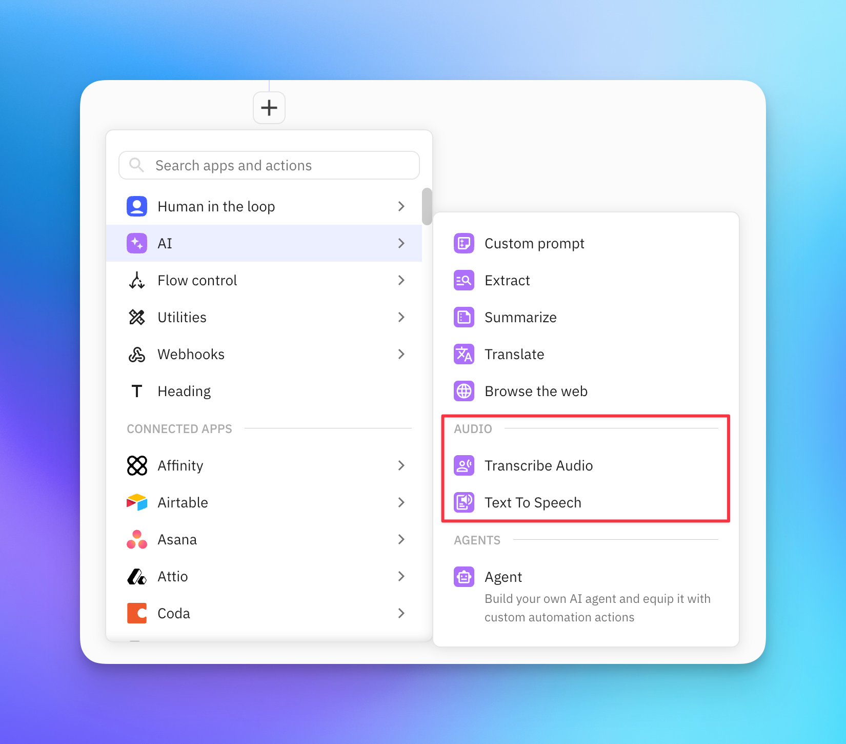 New AI actions for transcribing audio and text-to-speech