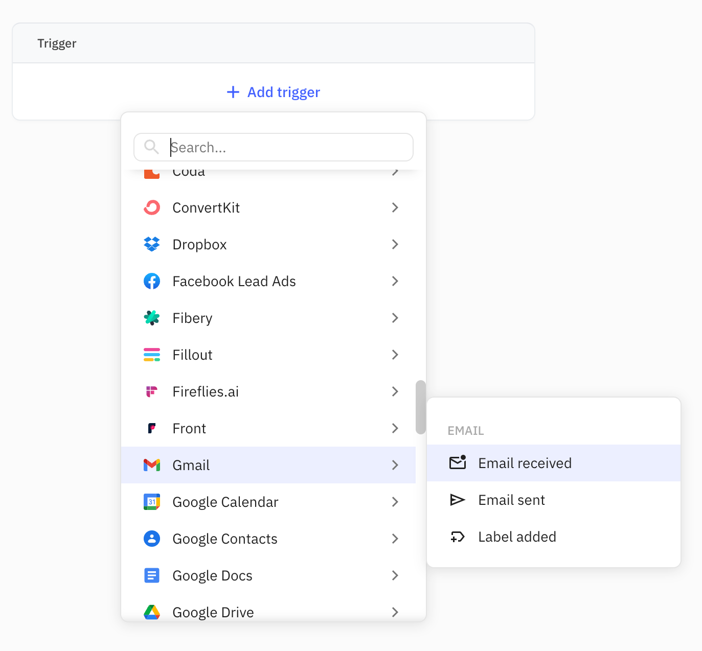 Set up an 'Email received' trigger for Gmail or Outlook