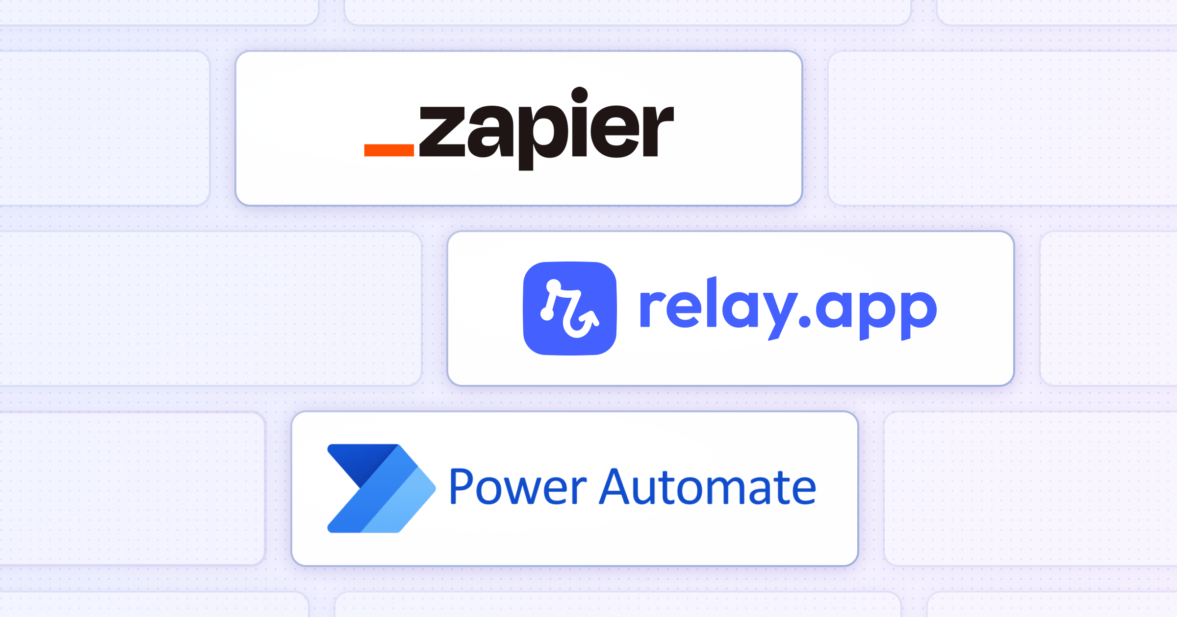Zapier, Relay.app, and Power Automate logos
