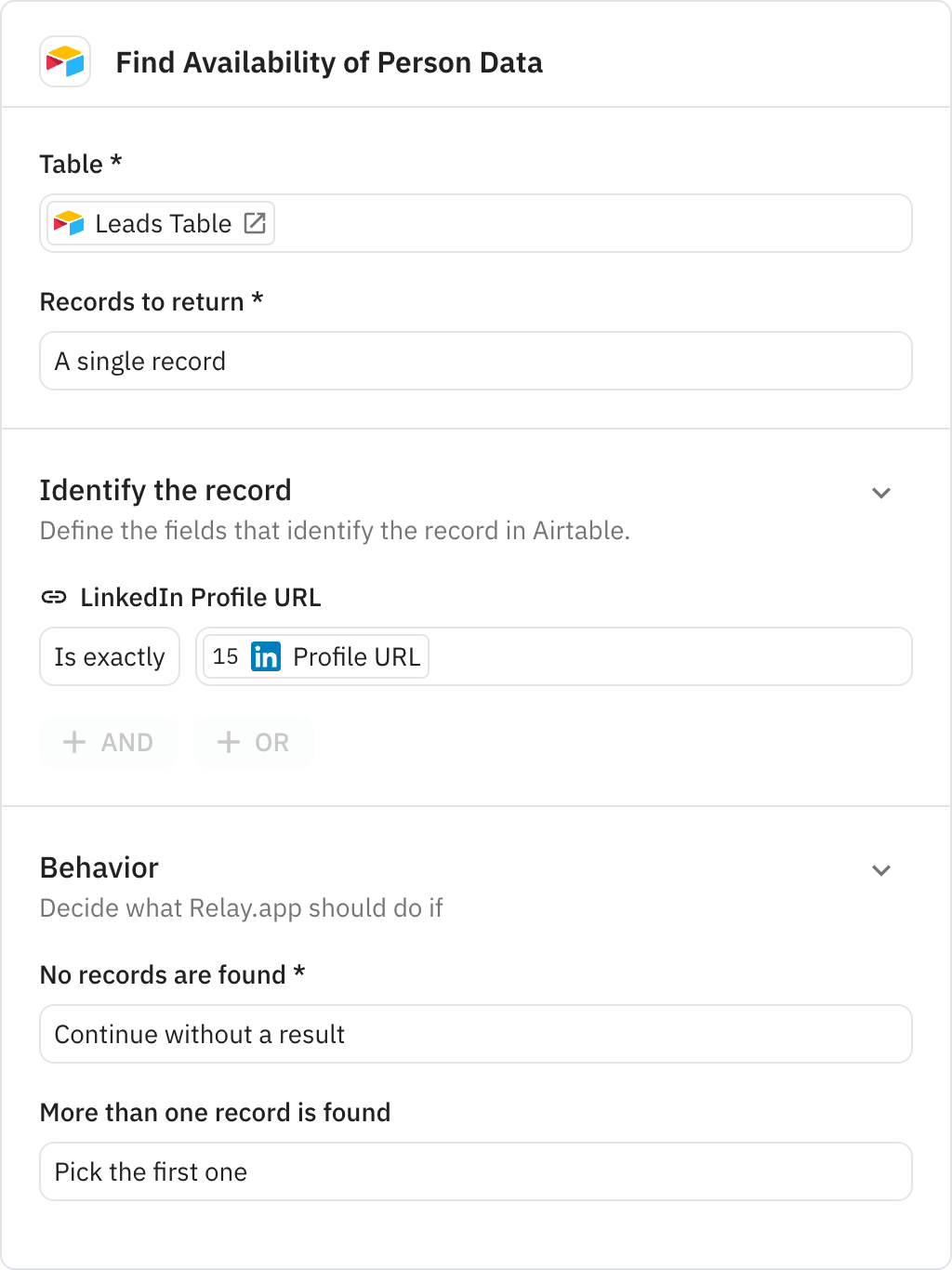 Relay.app screenshot of: Find Availability of Person Data