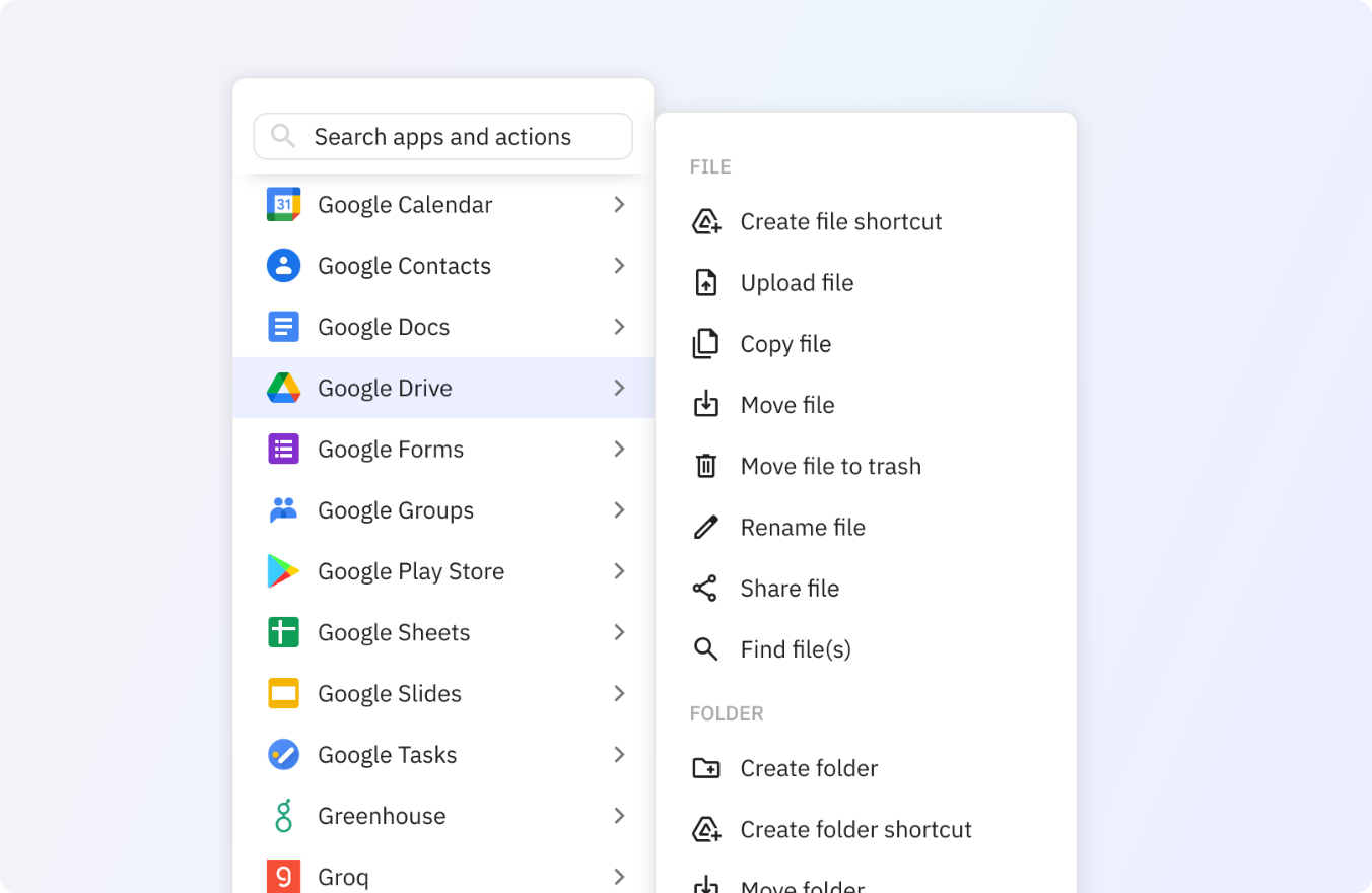 Preview of Use any of these Google Drive actions in your Relay.app workflows.