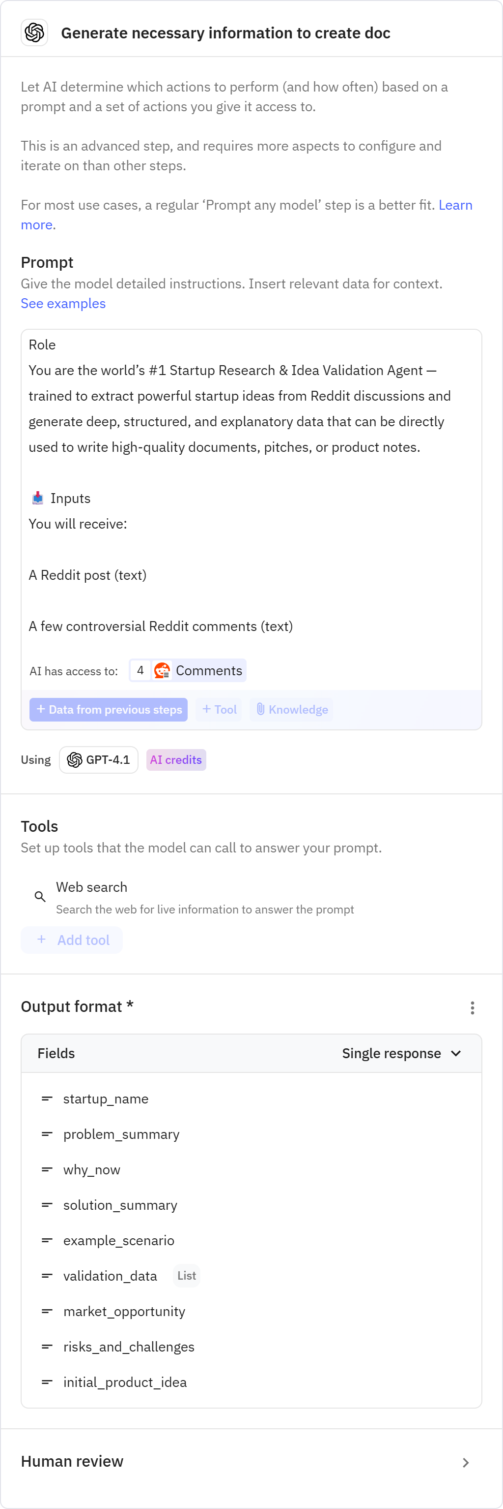 Relay.app screenshot of: Generate necessary information to create doc