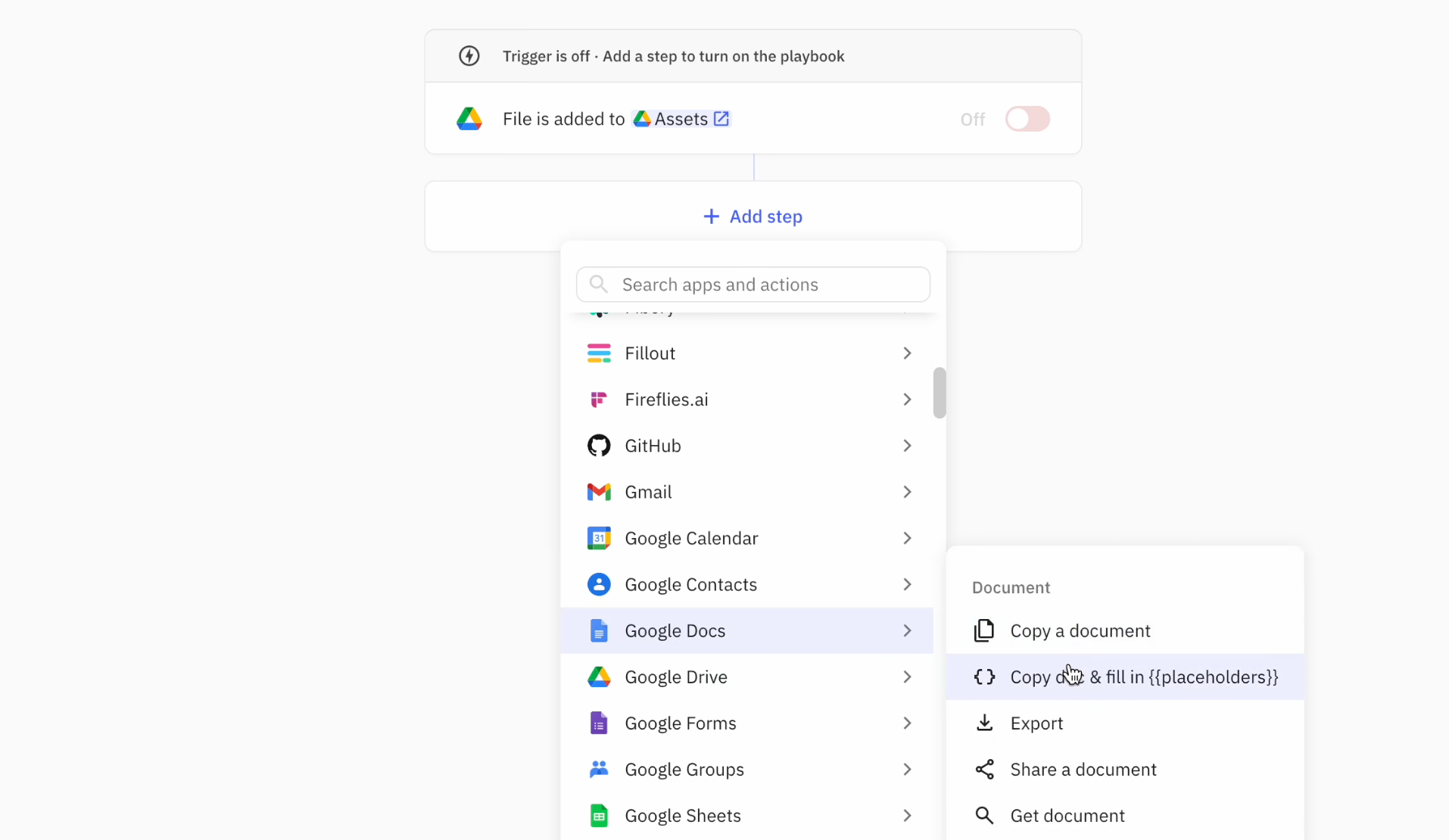 Add a 'Copy doc & fill in {{placeholders}}' action