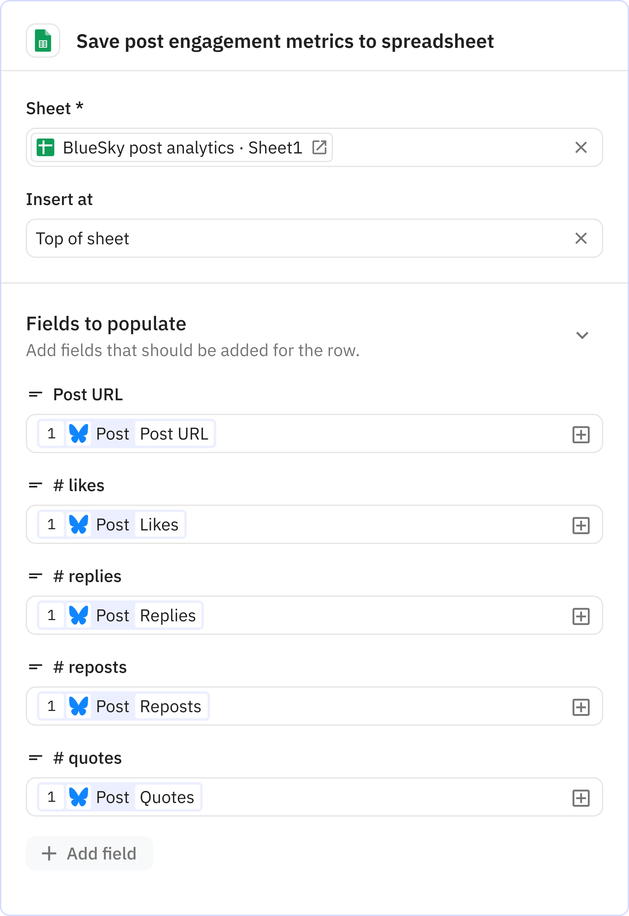 Relay.app screenshot of: Save post engagement metrics to spreadsheet