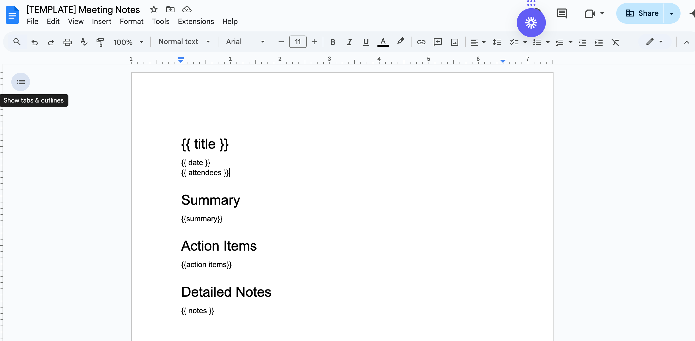 Meeting notes template in Google Docs.
