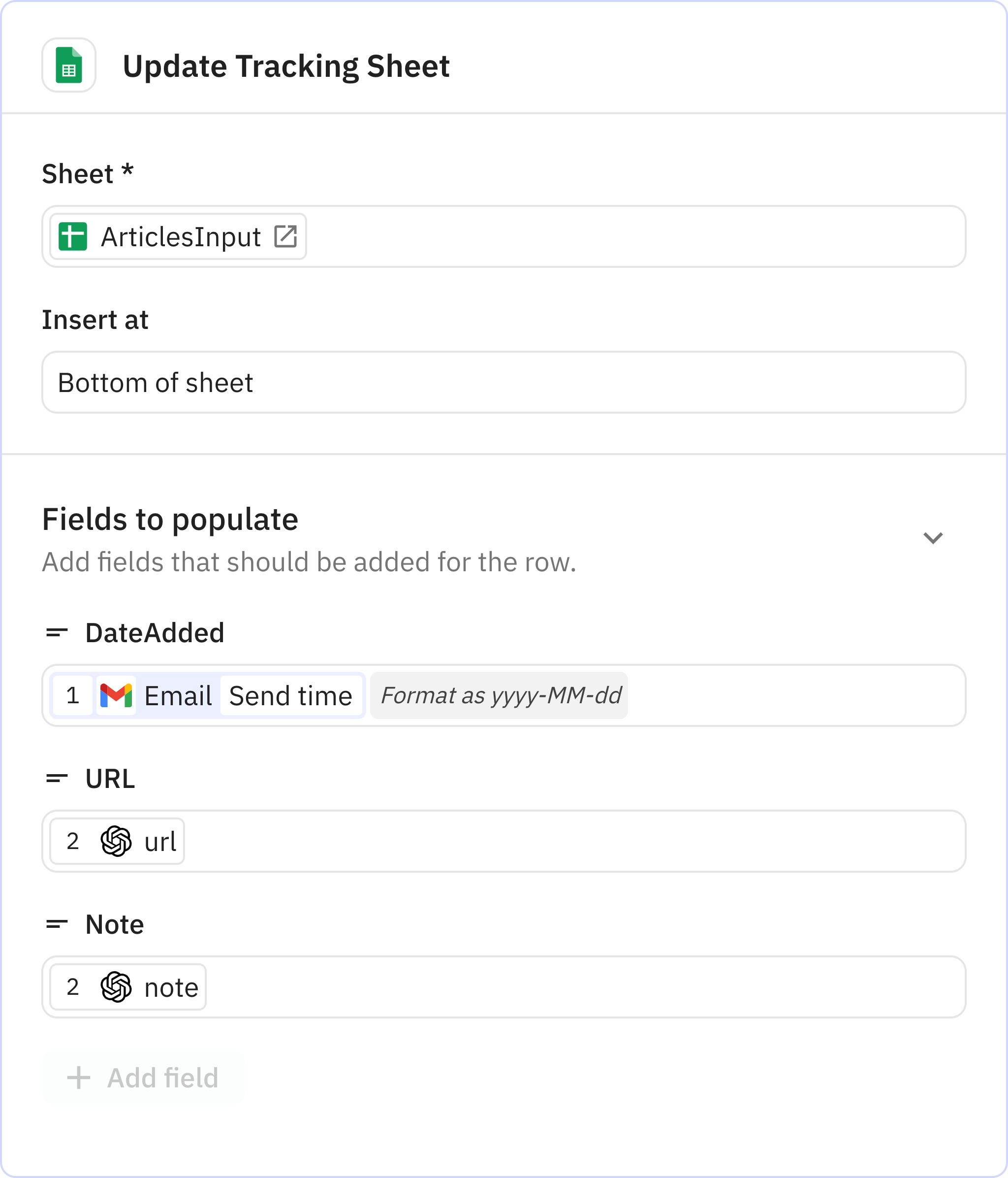 Relay.app screenshot of: Update Tracking Sheet