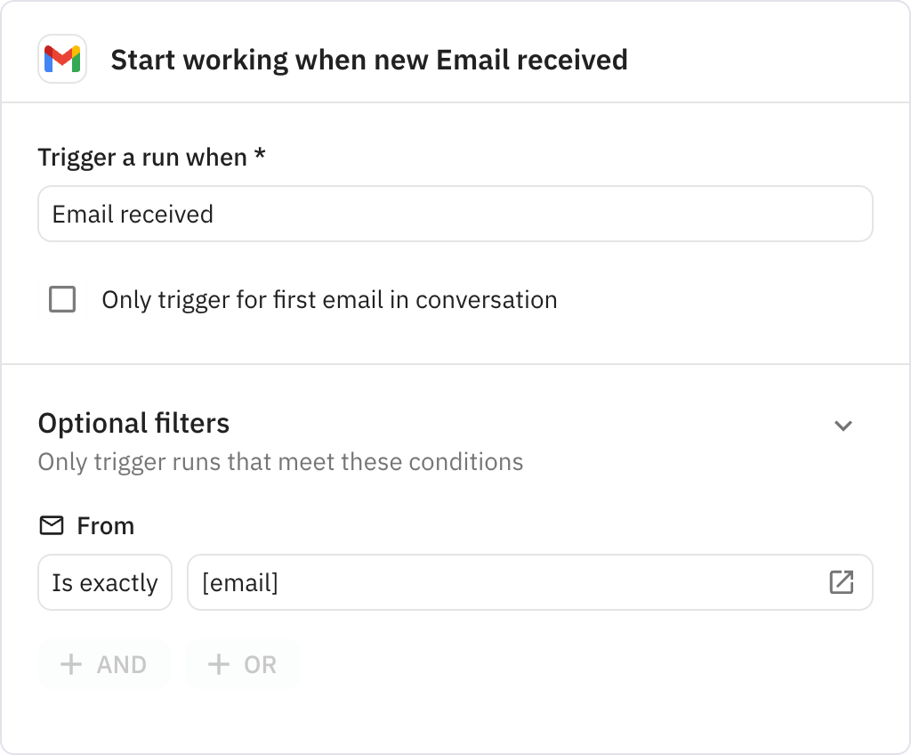 Relay.app screenshot of: Start working when new Email received