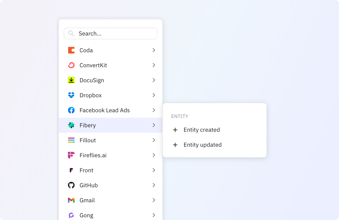 Preview of Use Relay.app's Fibery integrations to trigger actions across your apps