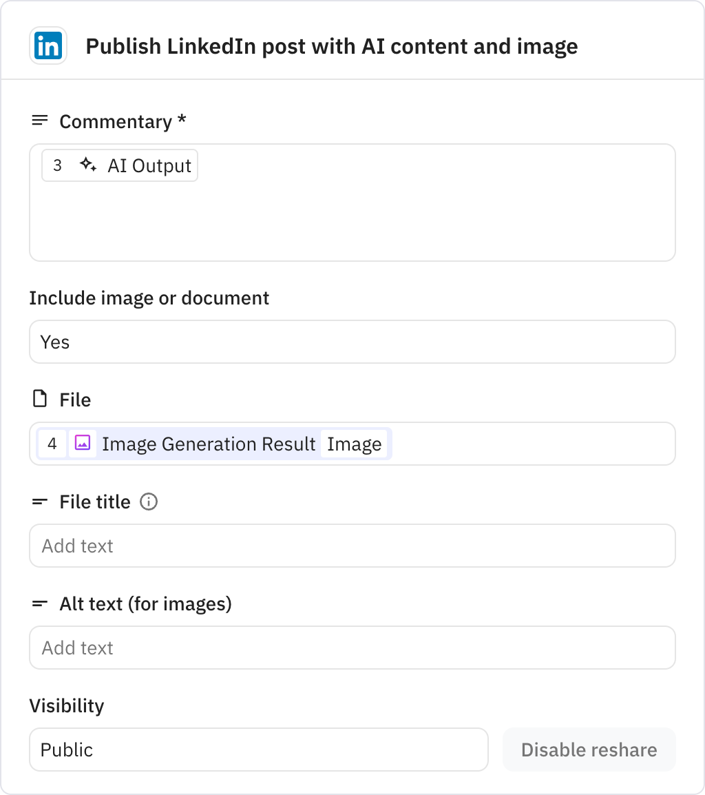 Relay.app screenshot of: Publish LinkedIn post with AI content and image