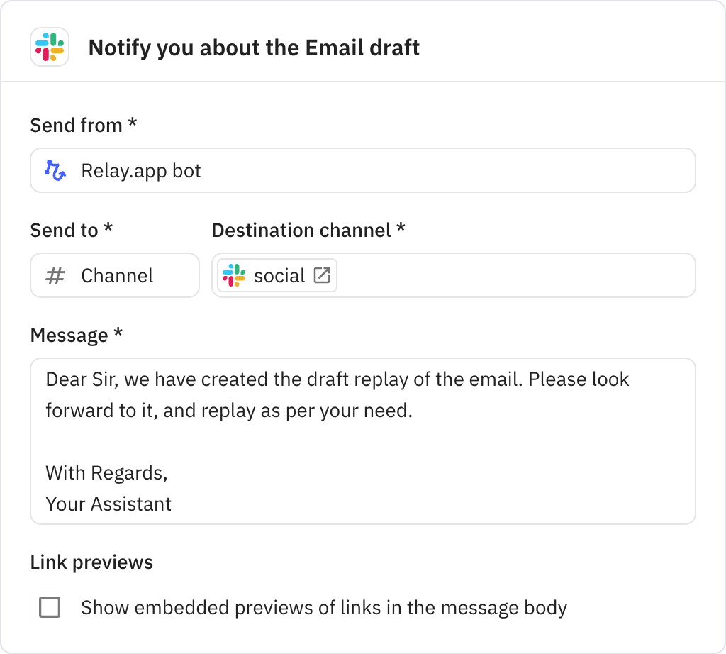 Relay.app screenshot of: Notify you about the Email draft