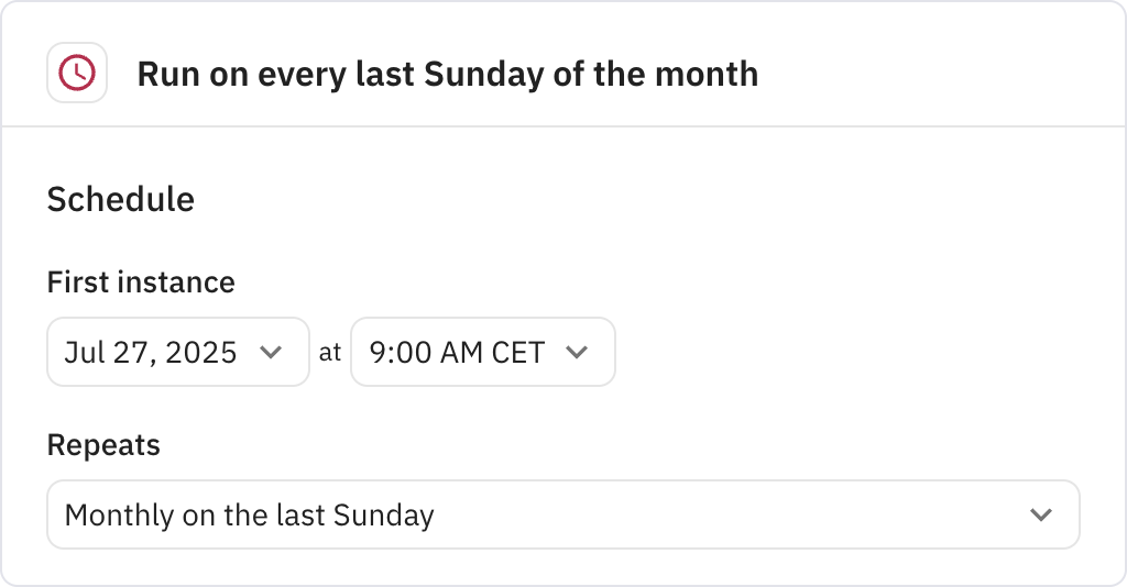 Relay.app screenshot of: Run on every last Sunday of the month