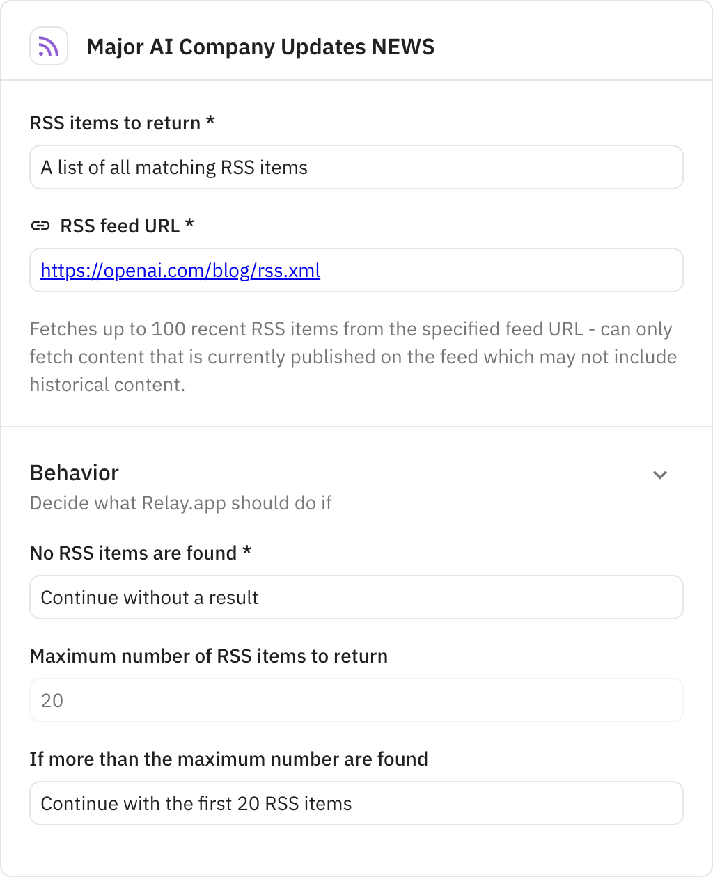 Relay.app screenshot of: Major AI Company Updates NEWS