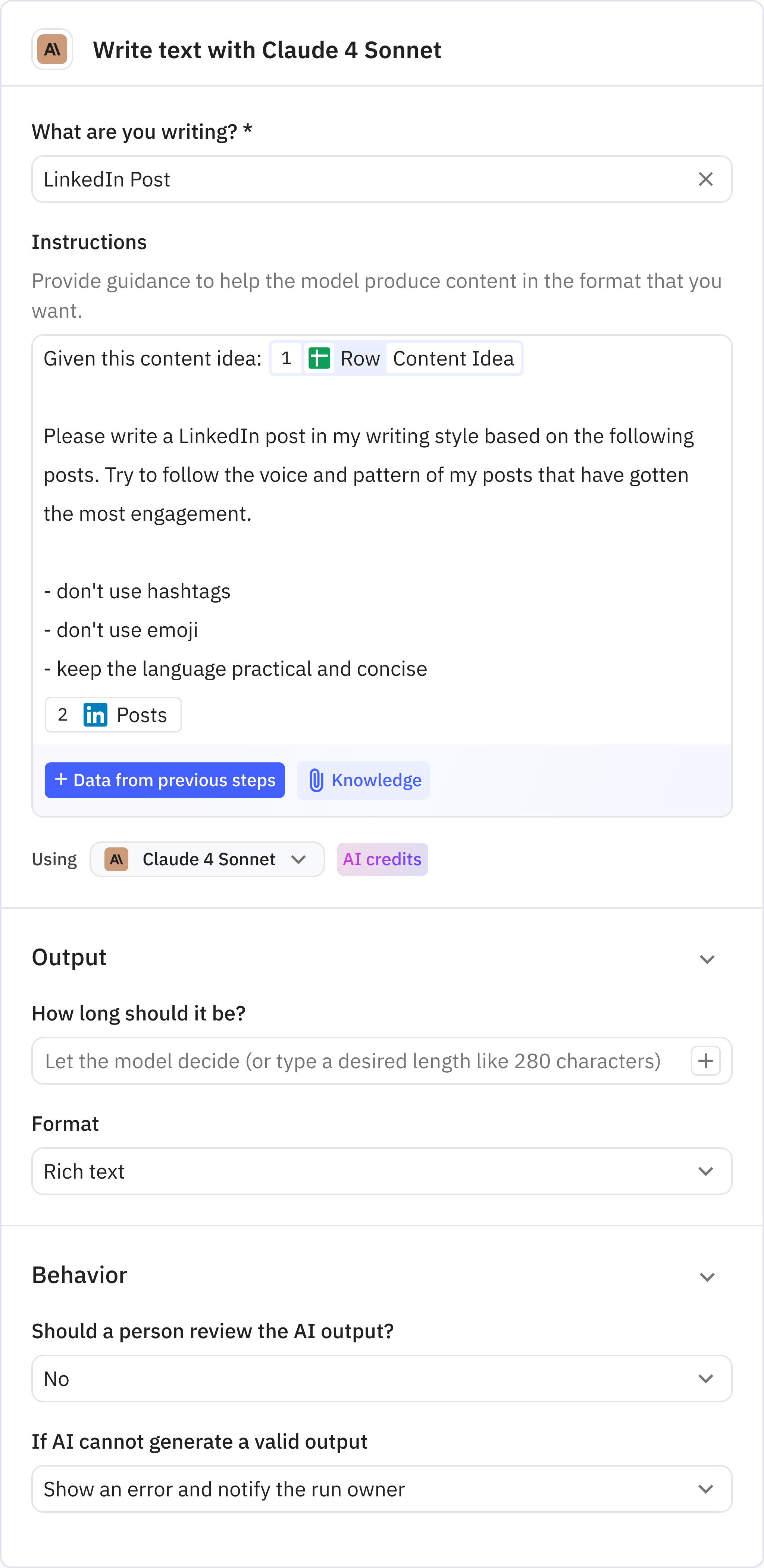 Relay.app screenshot of: Write text with Claude 4 Sonnet