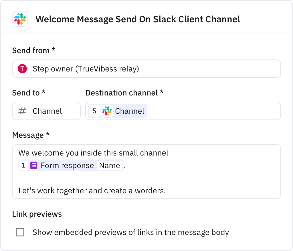 Relay.app screenshot of: Welcome Message Send On Slack Client Channel