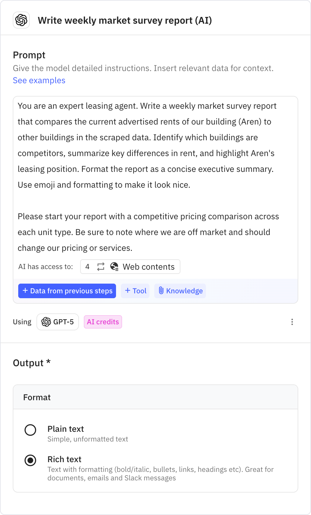 Relay.app screenshot of: Write weekly market survey report (AI)