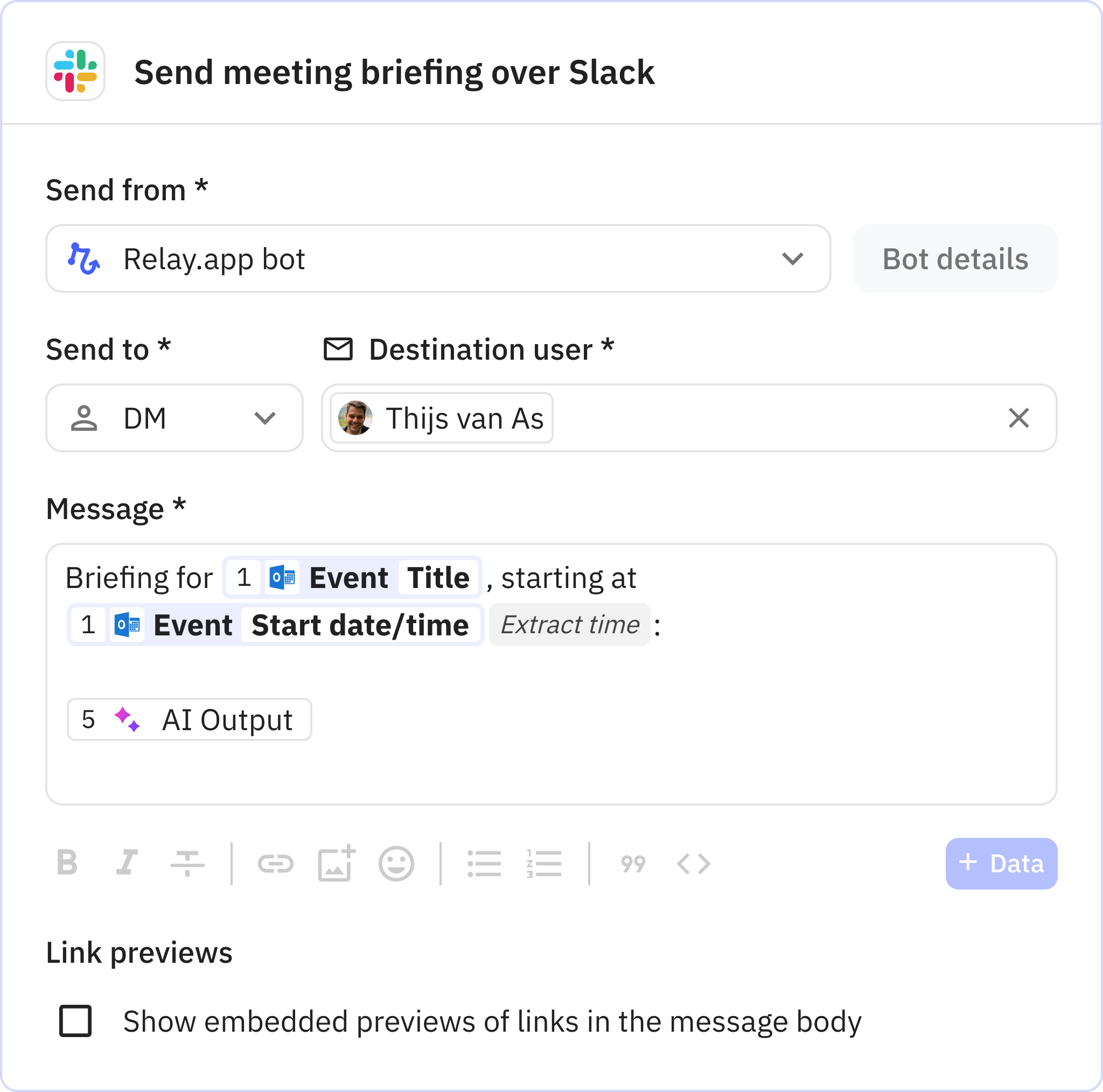 Relay.app screenshot of: Send meeting briefing over Slack