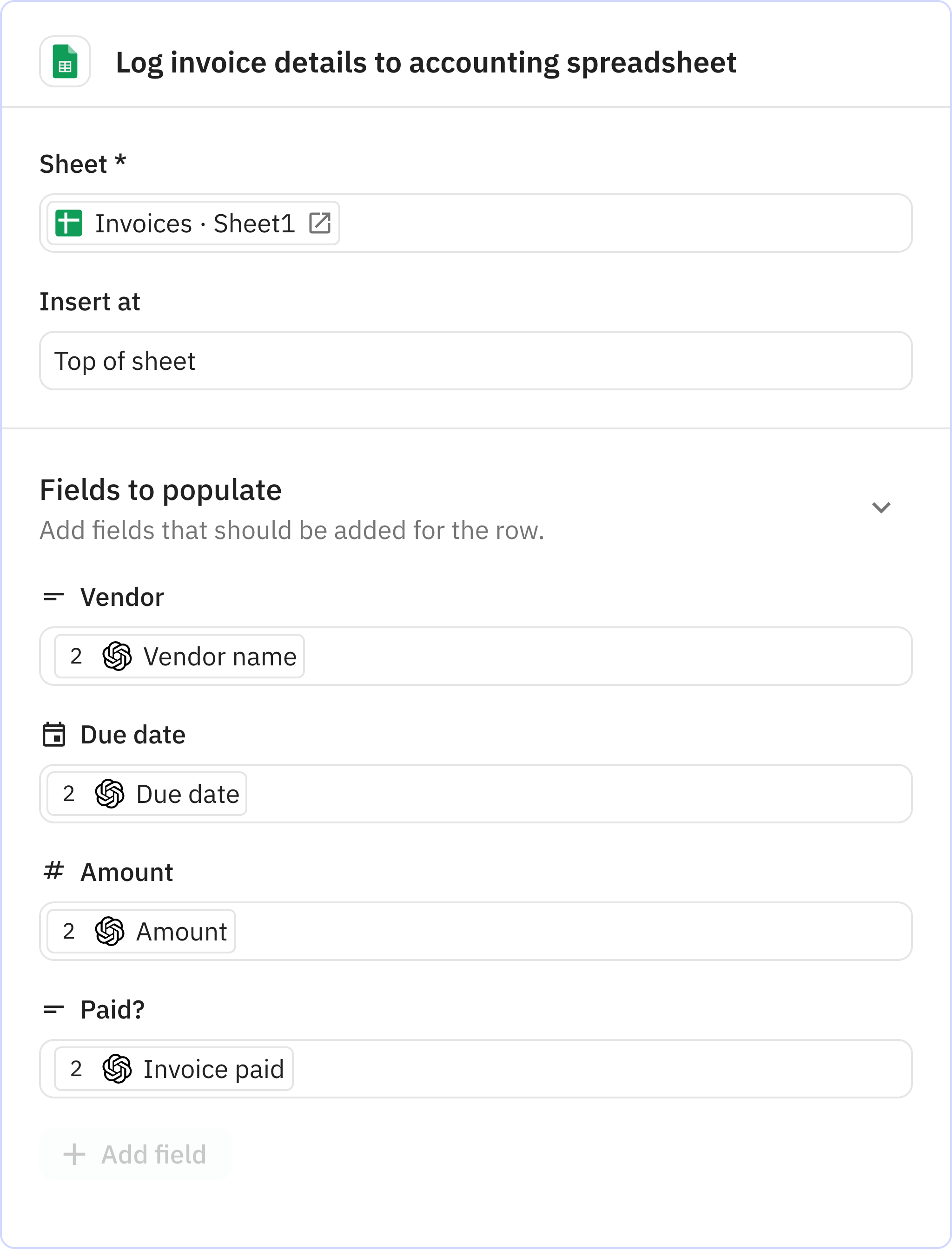 Relay.app screenshot of: Log invoice details to accounting spreadsheet