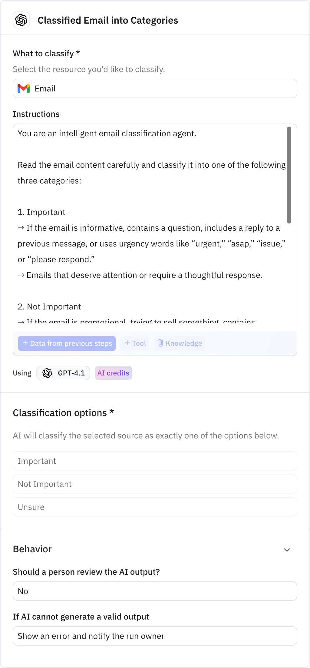 Relay.app screenshot of: Classified Email into Categories
