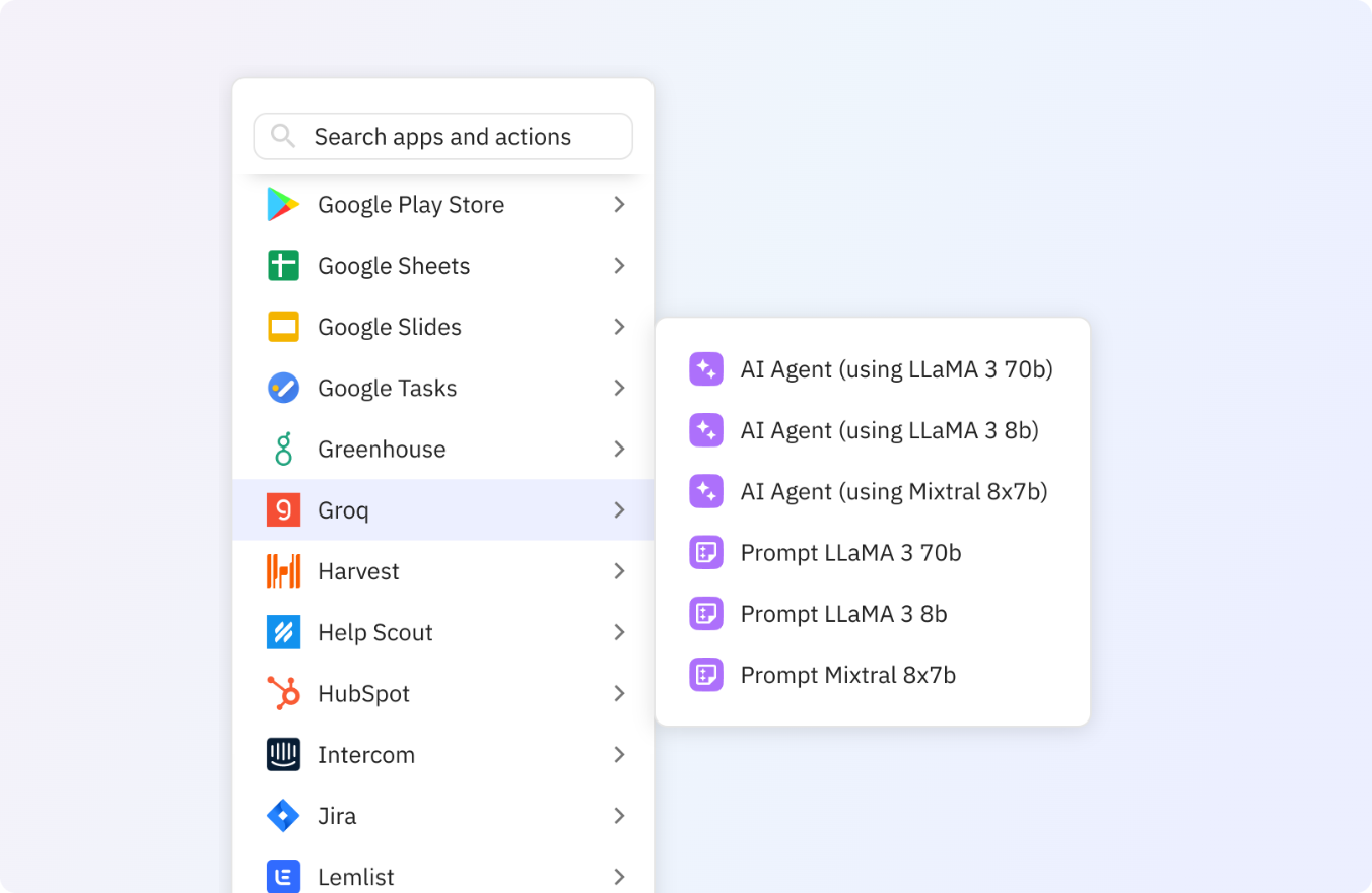 Preview of Use any of these Groq actions in your Relay.app workflows.